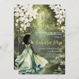 Invitación Princesa Negra y Rana Sage Verde Vestido Dulce 16