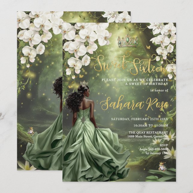 Invitación Princesa Negra y Rana Sage Verde Vestido Dulce 16 (Anverso / Reverso)