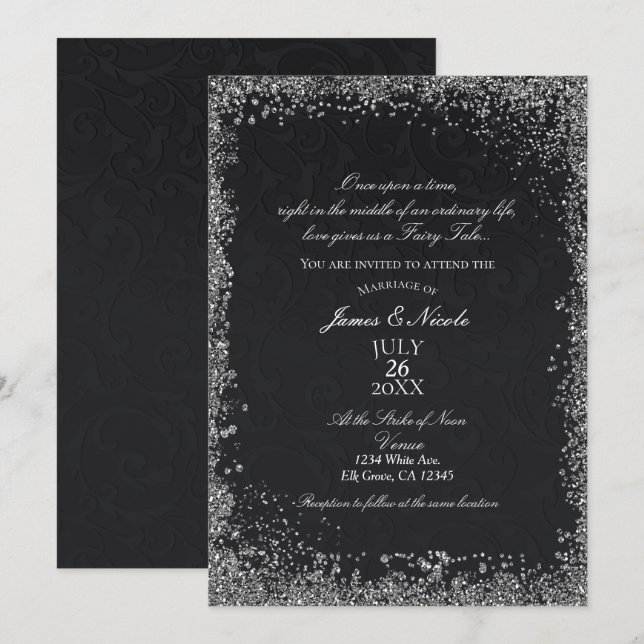 Invitación Princesa Negro Damasco Elegante Cuento de Hadas Bo (Anverso / Reverso)