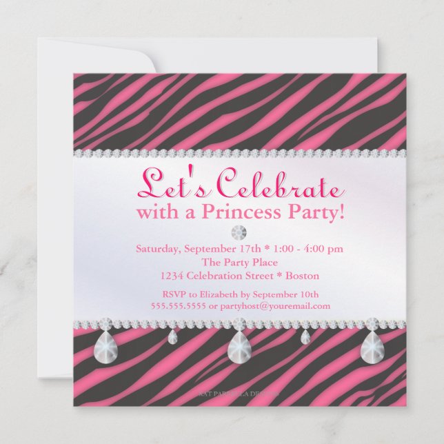 Invitación Princesa Party Zebra Stripes en cumpleaños rosado (Anverso)