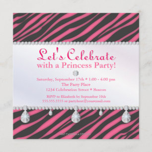 Invitación Princesa Party Zebra Stripes en cumpleaños rosado