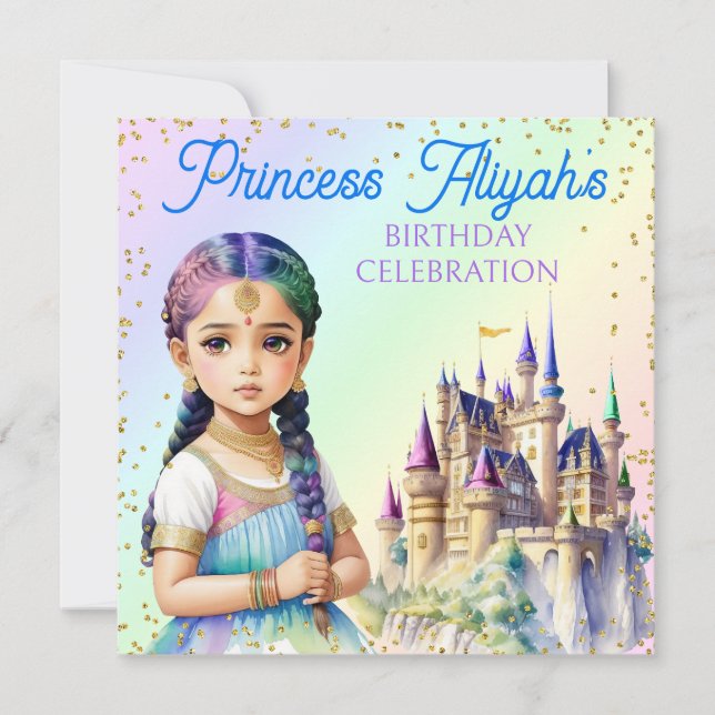 Invitación Princesa Pastel Mágico Castillo Fantasía Arcoíris (Anverso)