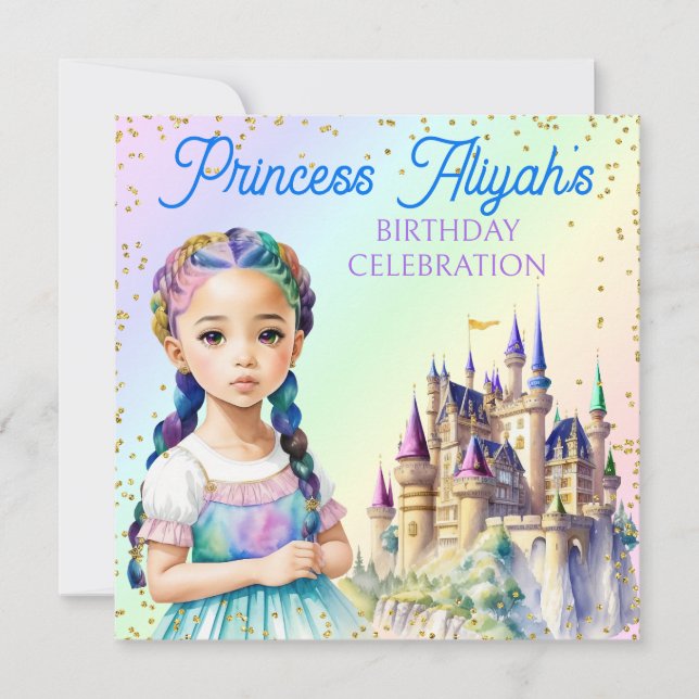 Invitación Princesa Pastel Mágico Castillo Fantasía Arcoíris (Anverso)