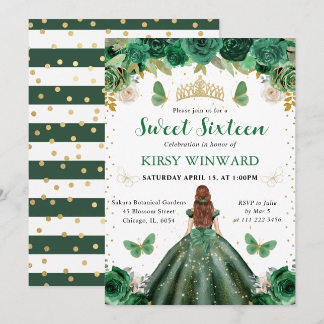 Invitación Princesa pelirroja con vestido verde oscuro Dulces (Anverso / Reverso)