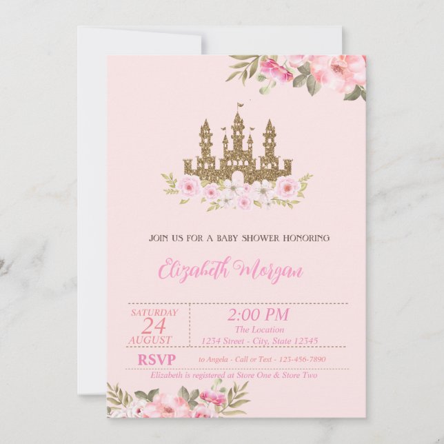 Invitación Princesa Pequeña, Castillo Purpurina, Baby Shower  (Anverso)