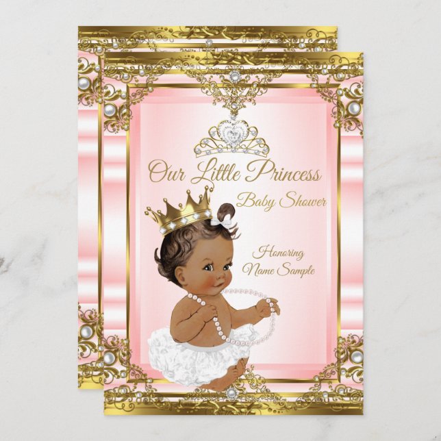 Invitación Princesa Perla Blanca de Oro Rosa Baby Shower Oscu (Anverso / Reverso)