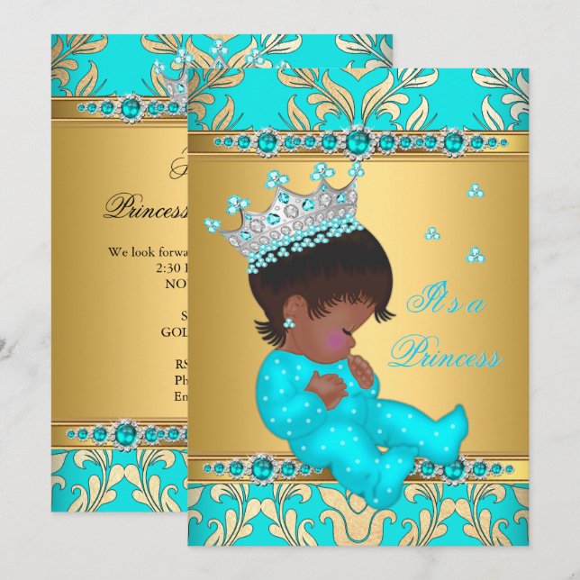 Invitación Princesa Perla Dorada Teal Baby Shower Étnico (Anverso / Reverso)