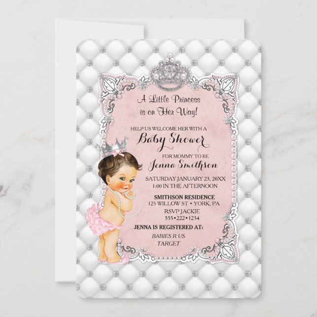 Invitación Princesa Perlas Rosadas Rubor Diamantes Niña Bebé (Anverso)