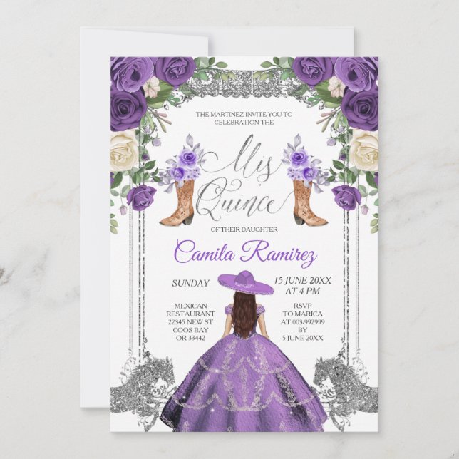 Invitación Princesa Plata Morada Chica Española Dulce 15 (Anverso)