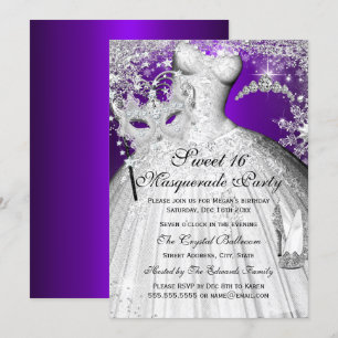 Invitación Princesa Plateada Púrpura Masquerade Sweet 16