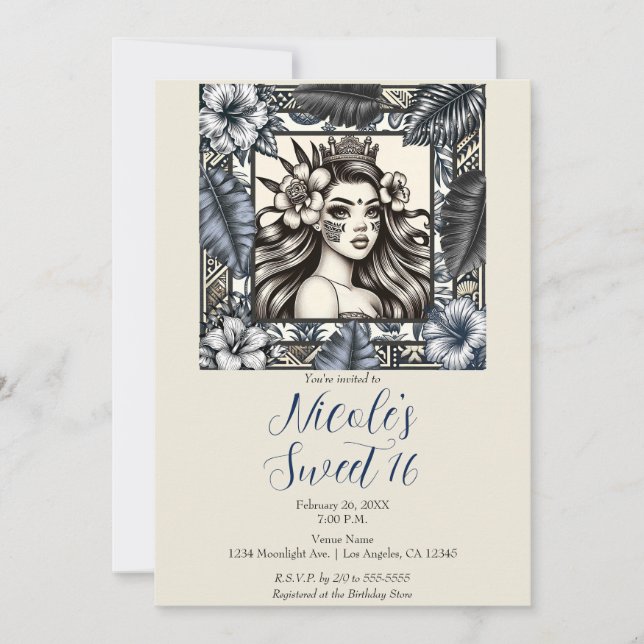 Invitación Princesa Polinesia Azul Floral Tribal Dulces 16  (Anverso)