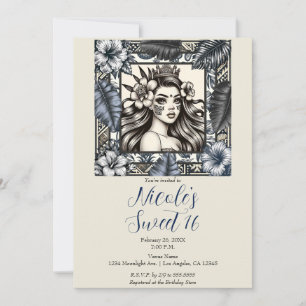 Invitación Princesa Polinesia Azul Floral Tribal Dulces 16