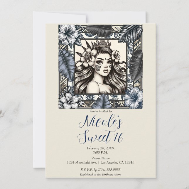 Invitación Princesa Polinesia Floral Azul Tribal Dulces 16  (Anverso)