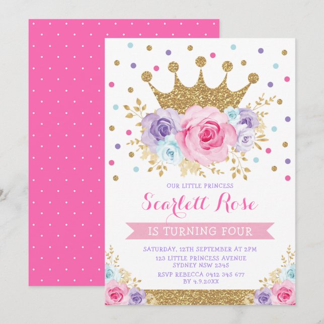 Invitación Princesa Princesa de la Corona Azul Púrpura (Anverso / Reverso)