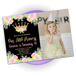 Invitación Princesa Princesa Purpurina Negra Rosa Cumpleaños