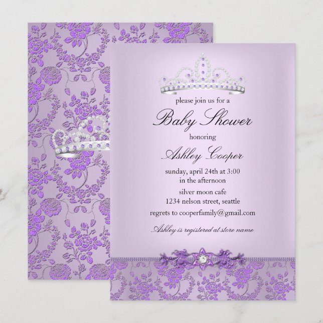 Invitación Princesa púrpura Baby Shower Tiara (Anverso / Reverso)