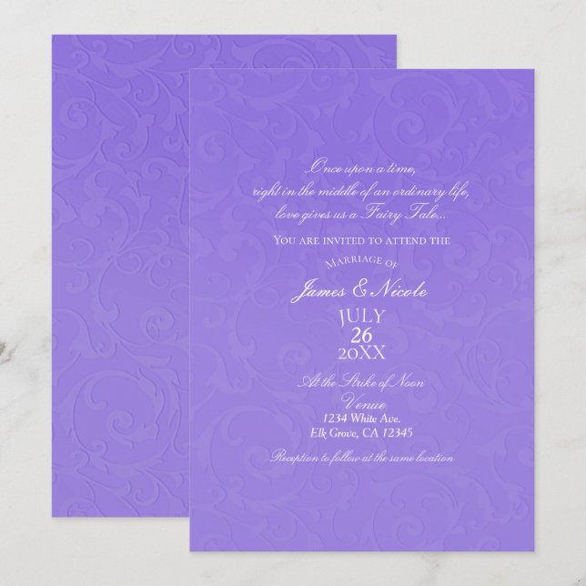 Invitación Princesa Púrpura Damask Storybook Elegante Boda (Anverso / Reverso)