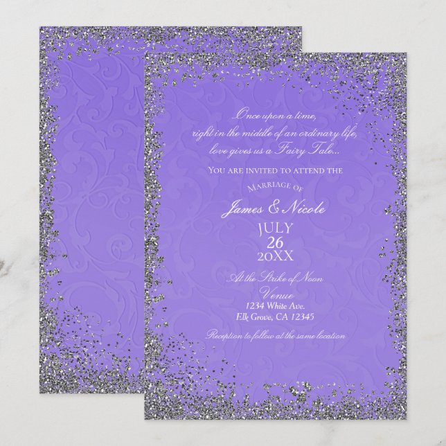 Invitación Princesa Púrpura Damask Storybook Elegante Boda (Anverso / Reverso)