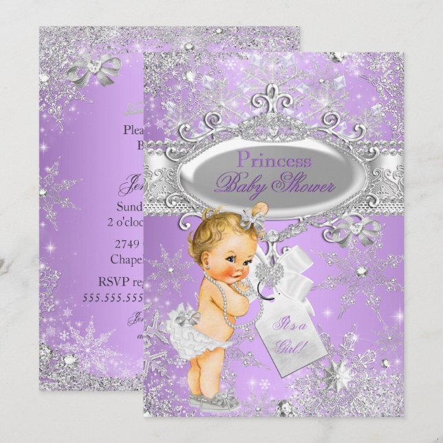 Invitación Princesa Púrpura Fiesta de Bebé de Invierno Rubia (Anverso / Reverso)