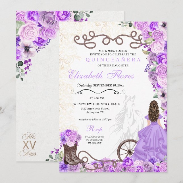 Invitación Princesa Púrpura Occidental Floral Charra Quinceañ (Anverso / Reverso)