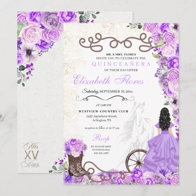 Invitación Princesa Púrpura Occidental Floral Charra Quinceañ (Anverso / Reverso)