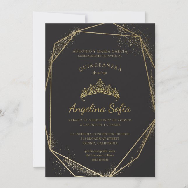 Invitación Princesa Purpurina de Oro Tiara Quinceanera (Anverso)