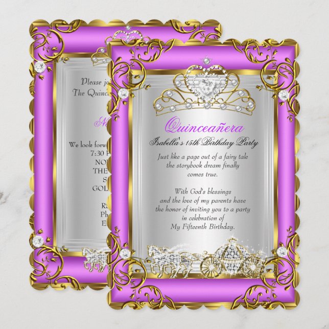 Invitación Princesa Quinceanera 15º cumpleaños morado rosa (Anverso / Reverso)