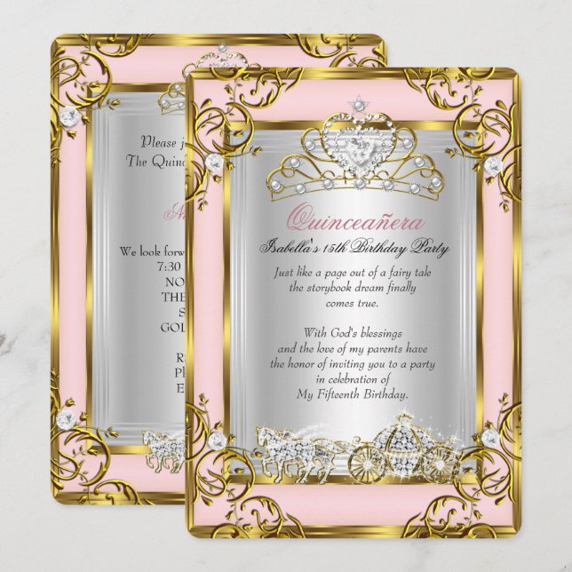 Invitación Princesa Quinceanera 15º Nacimiento Peach (Anverso / Reverso)