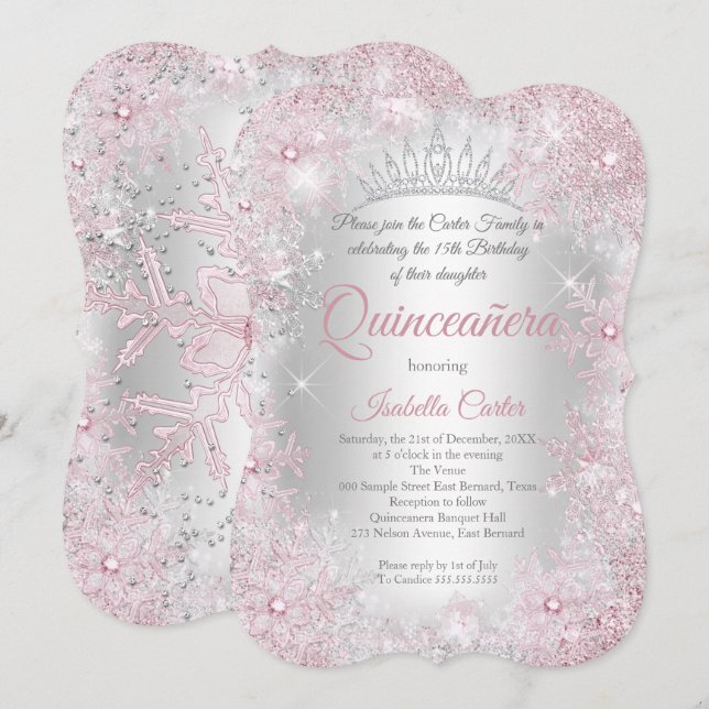 Invitación Princesa Quinceanera 15.ª Fiesta Rubor de plata ro (Anverso / Reverso)
