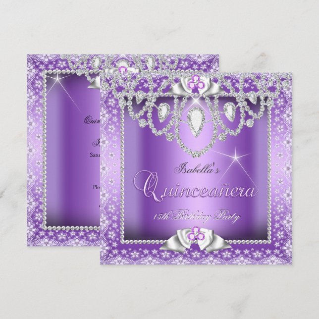 Invitación Princesa Quinceanera 15.º Diamante de encaje púrpu (Anverso / Reverso)