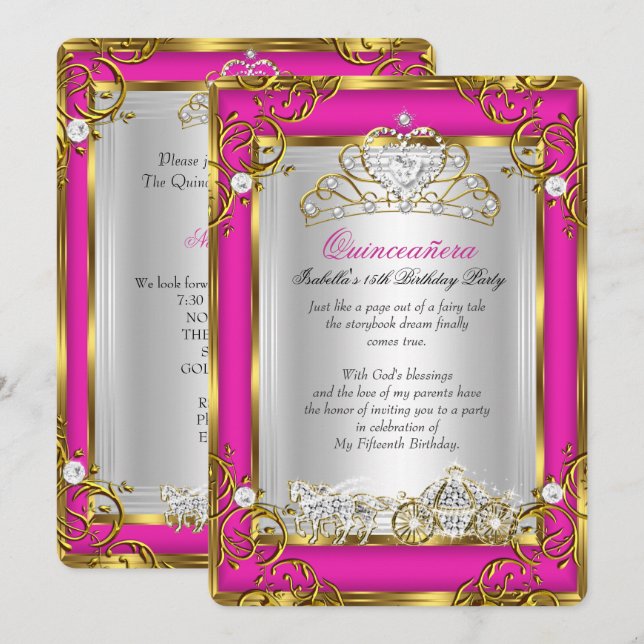 Invitación Princesa Quinceanera 15 años Oro rosa (Anverso / Reverso)