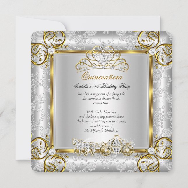 Invitación Princesa Quinceanera 15 años Plata de Oro (Anverso)