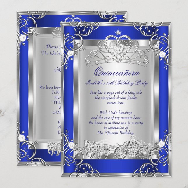 Invitación Princesa Quinceanera 15 Fiesta Plata Azul Profundo (Anverso / Reverso)