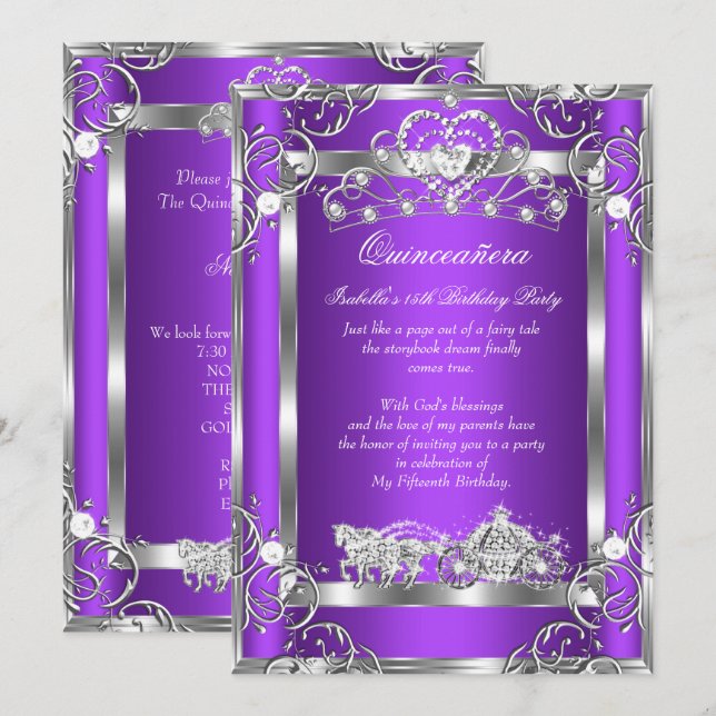 Invitación Princesa Quinceanera 15 Fiesta Plata Púrpura (Anverso / Reverso)