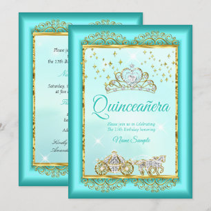 Invitación Princesa Quinceañera Azul Teal Dorado de Cuento de