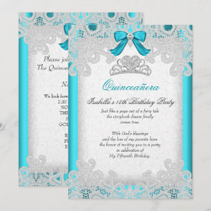 Invitación Princesa Quinceañera Azul Teal Encaje