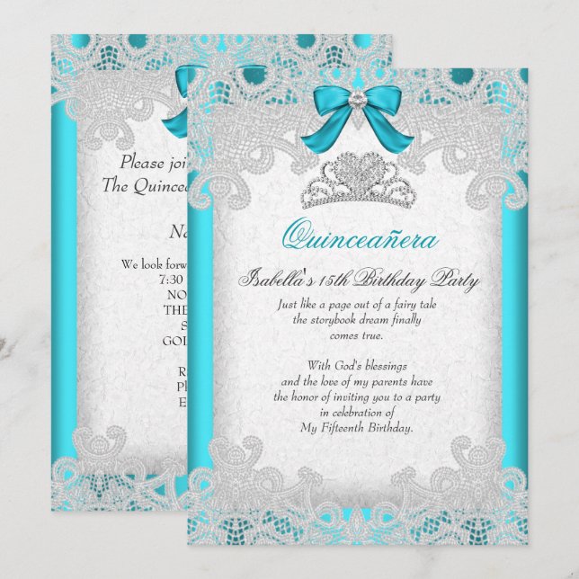 Invitación Princesa Quinceañera Azul Teal Encaje (Anverso / Reverso)