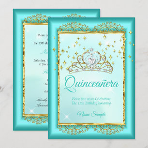 Invitación Princesa Quinceañera Azul Turquesa Dorado Cumpleañ
