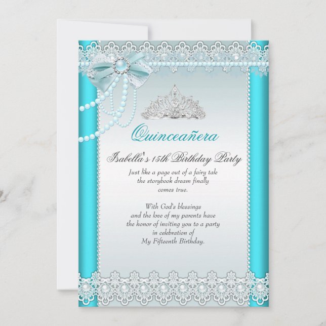 Invitación Princesa Quinceañera Azul Turquesa Encaje Perla 2 (Anverso)