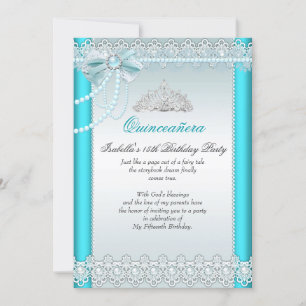 Invitación Princesa Quinceañera Azul Turquesa Encaje Perla 2