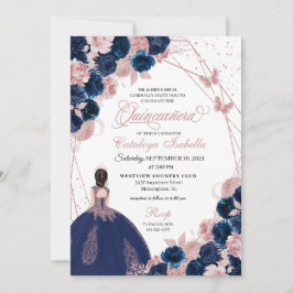 Invitación Princesa Quinceanera azul y mariposa rosa de la ma