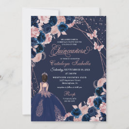 Invitación Princesa Quinceanera azul y mariposa rosa de la ma