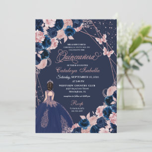Invitación Princesa Quinceanera azul y mariposa rosa de la ma