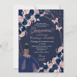 Invitación Princesa Quinceanera azul y mariposa rosa de la ma