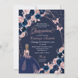 Invitación Princesa Quinceanera azul y mariposa rosa de la ma