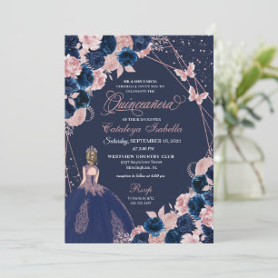 Invitación Princesa Quinceanera azul y mariposa rosa de la ma