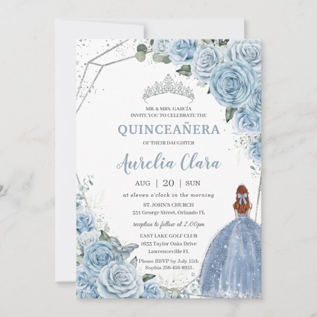 Invitación Princesa Quinceañera Baby Blue Floral Red Hair 15 (Anverso)