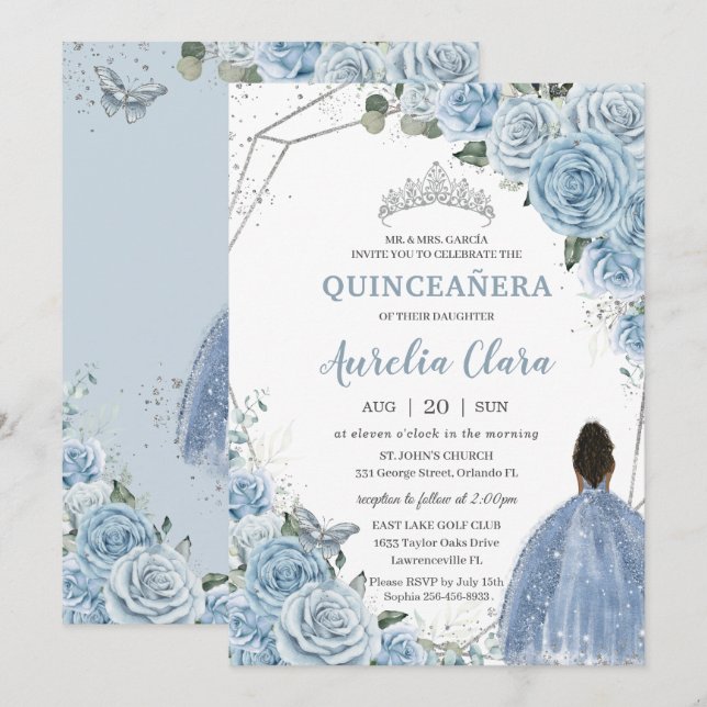 Invitación Princesa Quinceañera Bebé Azul Floral Marrón 15 (Anverso / Reverso)