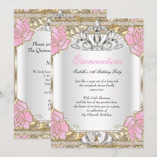 Invitación Princesa Quinceañera Blanco Rosa Dorado Cumpleaños (Anverso / Reverso)
