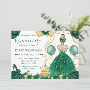 Invitación Princesa Quinceañera con Vestido Verde y Cabello R